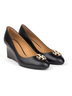 Tory Burch Black Leather Wedge Pumps with Gold Logo Medallion